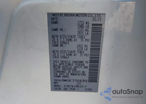 2013 Infiniti Jx35 from USA, damaged, VIN 5N1AL0MM3DC336699